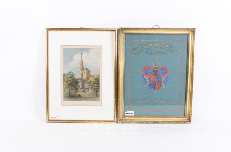 Druckgrafik 'Unser Lieben Frauen Kirche' und 1 kolorierte Zeichnung 'Stammwappen Springer'