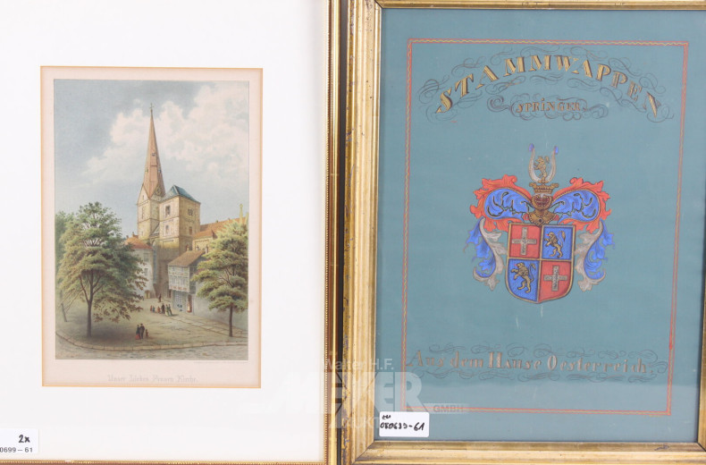 Druckgrafik 'Unser Lieben Frauen Kirche' und 1 kolorierte Zeichnung 'Stammwappen Springer'