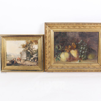 Gemälde 'Obststillleben' und 1 Druckgrafik 'Ruinenlandschaft mit Staffagen'