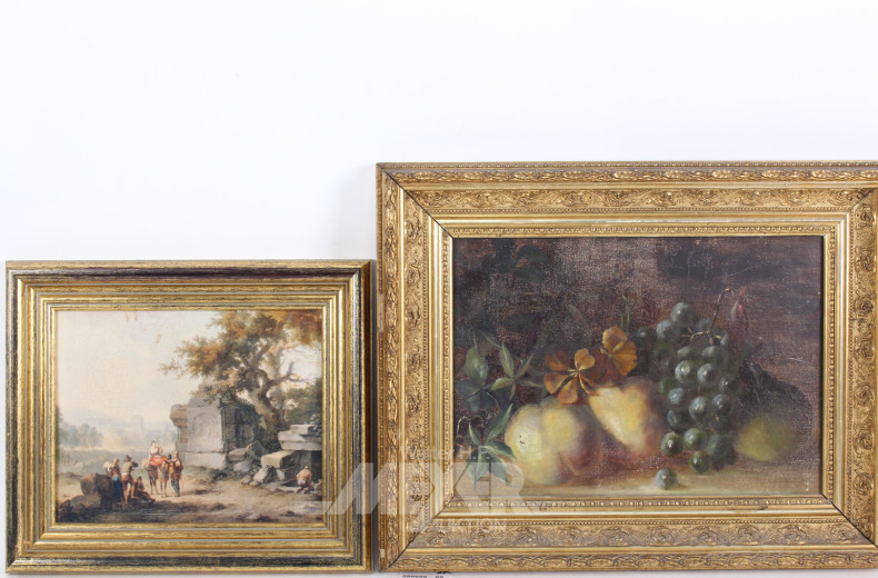 Gemälde 'Obststillleben' und 1 Druckgrafik 'Ruinenlandschaft mit Staffagen'