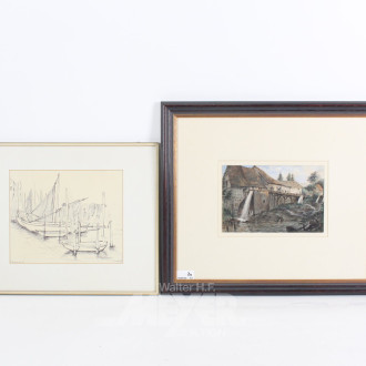 2 Grafiken 'Wassermühle' u. 'Fischerboote'