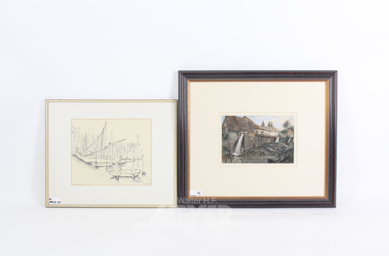 2 Grafiken 'Wassermühle' u. 'Fischerboote'