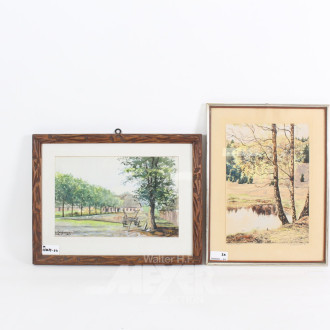 2 Aquarelle 'Bauernhof' u. 'Herbstliche Heide'