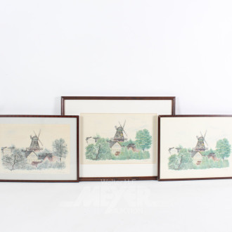 3 Druckgrafiken 'Windmühle von Eutin'