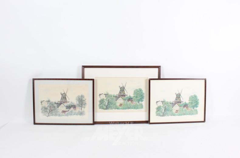 3 Druckgrafiken 'Windmühle von Eutin'