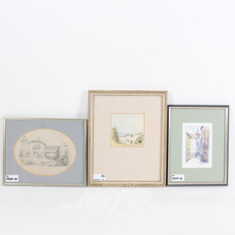 2 Aquarelle u. 1 Bleistiftzeichnung, versch. Motive