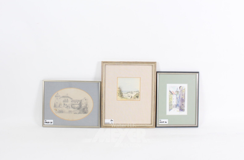 2 Aquarelle u. 1 Bleistiftzeichnung, versch. Motive