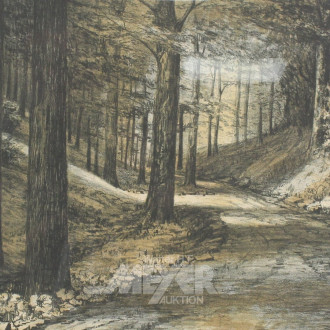 2 Lithographien 'Gehöft mit Allee' und 'Waldlandschaft'