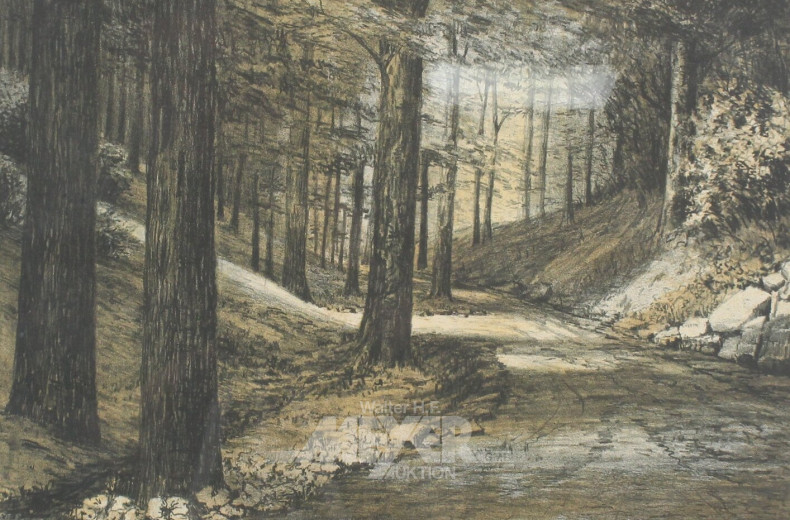 2 Lithographien 'Gehöft mit Allee' und 'Waldlandschaft'