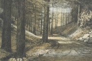 2 Lithographien 'Gehöft mit Allee' und 'Waldlandschaft'
