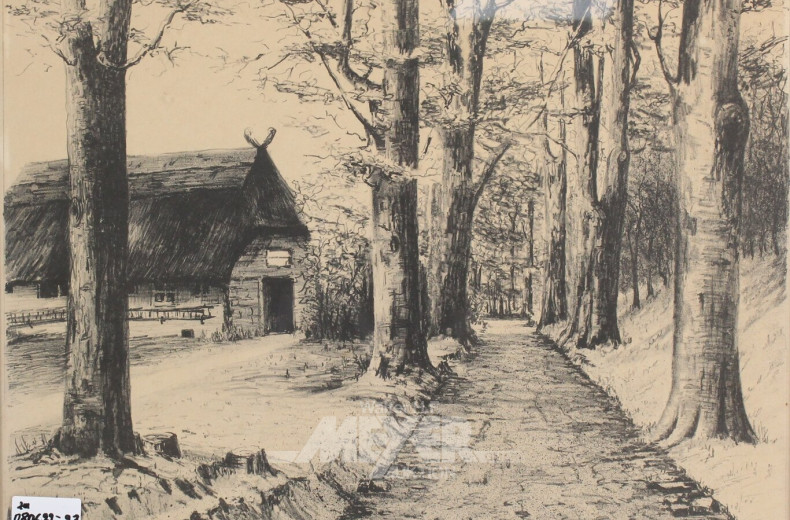 2 Lithographien 'Gehöft mit Allee' und 'Waldlandschaft'