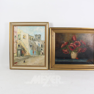 2 Gemälde "Straßenansicht mit Katze" u. "Blumenstillleben"