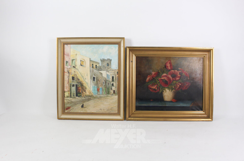 2 Gemälde "Straßenansicht mit Katze" u. "Blumenstillleben"