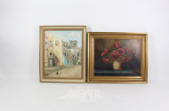 2 Gemälde "Straßenansicht mit Katze" u. "Blumenstillleben"