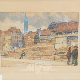 Aquarell 'Stadtansicht mit Bauarbeiter'