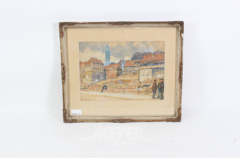 Aquarell 'Stadtansicht mit Bauarbeiter'