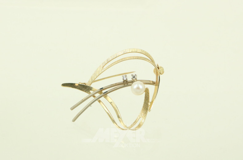 Brosche mit Perle und 2 kl. Diamantimitationen