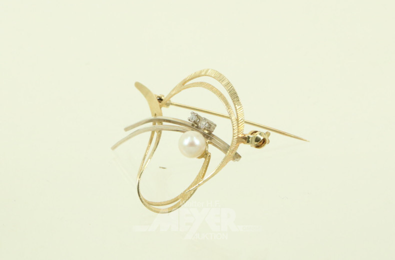 Brosche mit Perle und 2 kl. Diamantimitationen