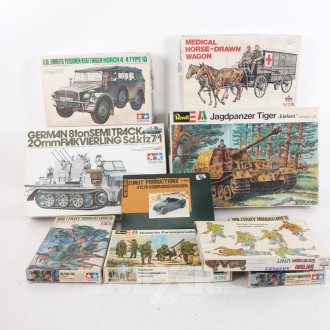 Militär-Modellfahrzeuge, Figuren, Zubehör, REWELL, TAMIYA, ESCI, ca. 9 Stück, nicht auf Vollständigkeit geprüft