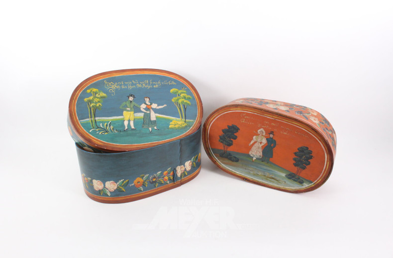 2 Holzschachteln mit Bauernmalerei