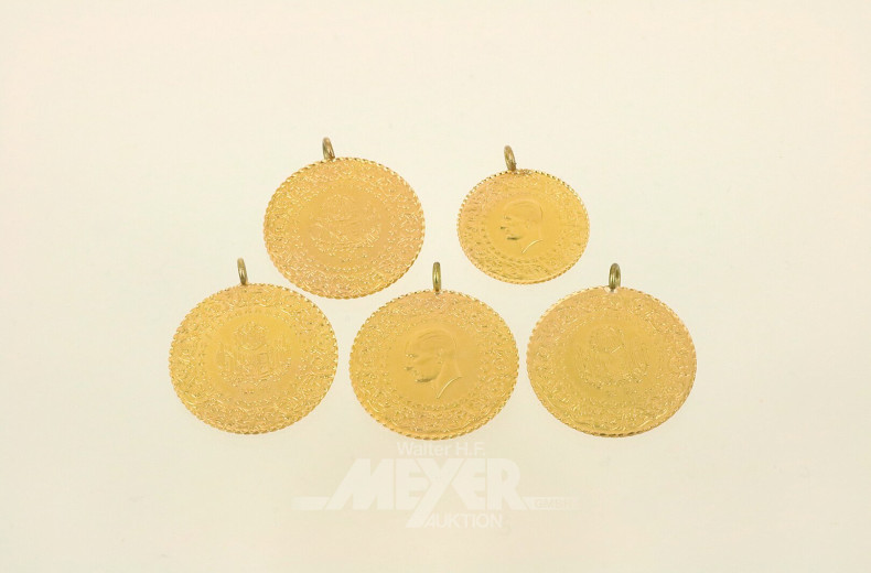 5 Kurus Goldmünzen, best. aus 4x 50 Piaster und 1x 25 Piaster