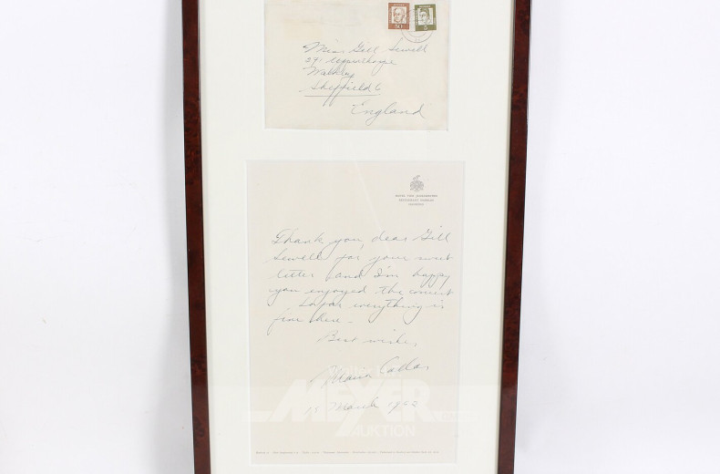 original Brief mit Signatur von Maria Callas, dat. 1962