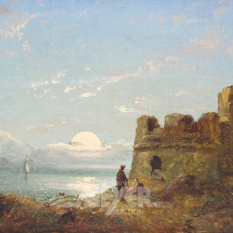 kl. Gemälde 'Schottische Landschaft mit Turmruine'