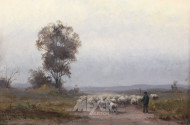 Gemälde 'Hirte mit Schafherde'