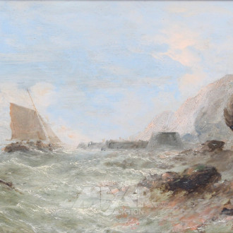 Gemälde 'Segler auf stürmischer See vor Küste'