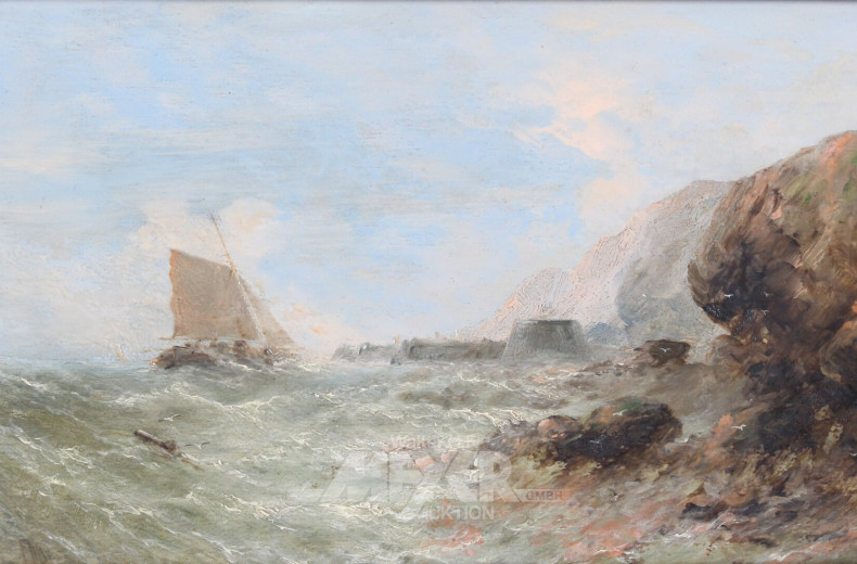 Gemälde 'Segler auf stürmischer See vor Küste'