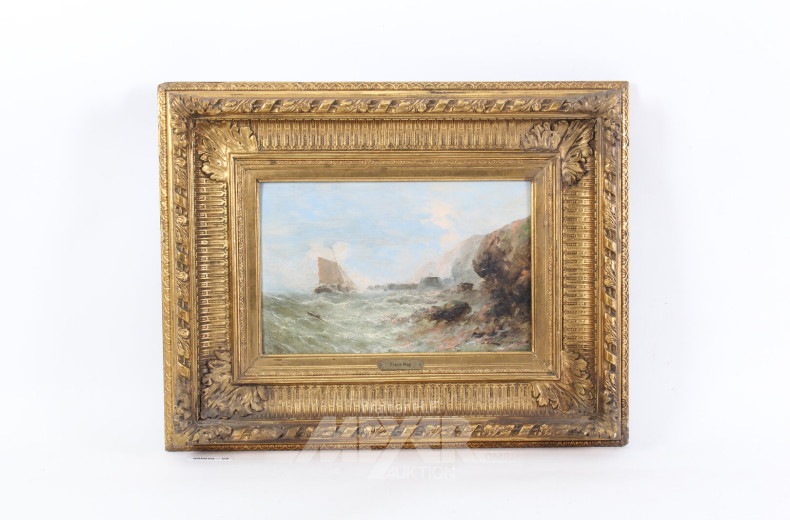 Gemälde 'Segler auf stürmischer See vor Küste'