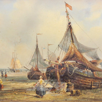 kl. Gemälde 'Fischerboot am Strand', holländisch, Reproduktion