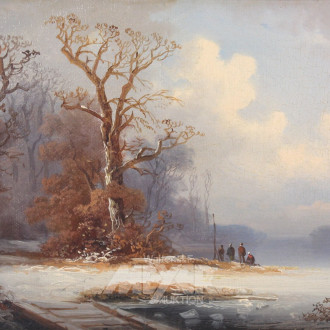 Gemälde 'Winterliche Seenlandschaft mit Staffagen'
