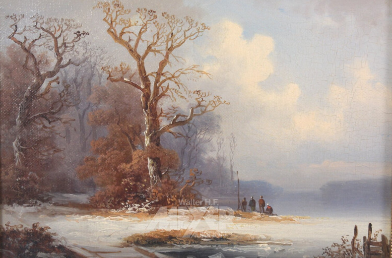 Gemälde 'Winterliche Seenlandschaft mit Staffagen'