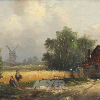 kl. Gemälde 'Bauernhof mit Windmühle in der Ferne'