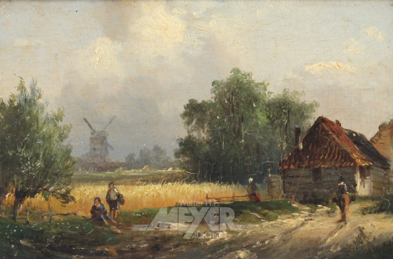 kl. Gemälde 'Bauernhof mit Windmühle in der Ferne'