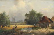 kl. Gemälde 'Bauernhof mit Windmühle in der Ferne'