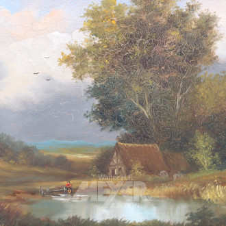 kl. Gemälde 'Reetdachkate'