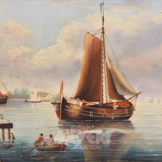 kl. Gemälde 'Fischerboote vor Anker', neuzeitl. Reproduktion