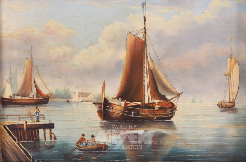 kl. Gemälde 'Fischerboote vor Anker', neuzeitl. Reproduktion