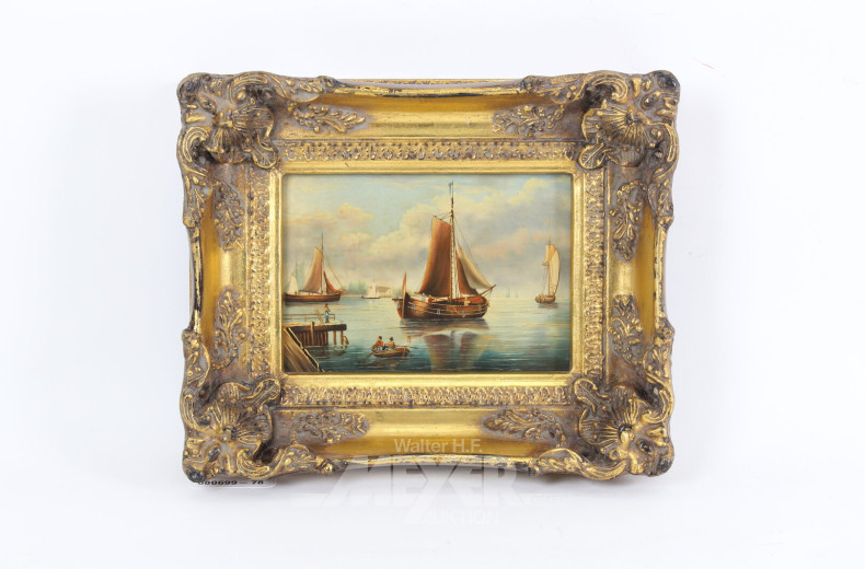 kl. Gemälde 'Fischerboote vor Anker', neuzeitl. Reproduktion