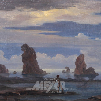 Gemälde 'Junge mit Fischnetz an Felsenküste'