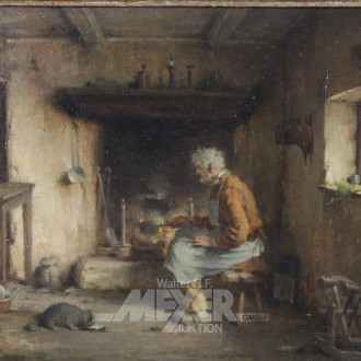 kl. Gemälde 'Mann vor Kamin'