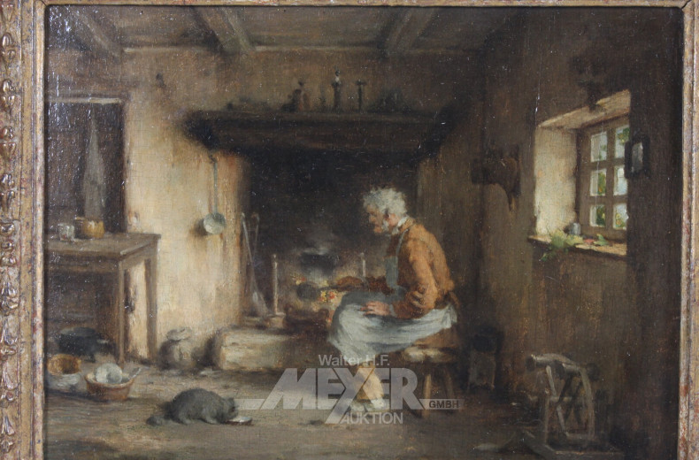 kl. Gemälde 'Mann vor Kamin'