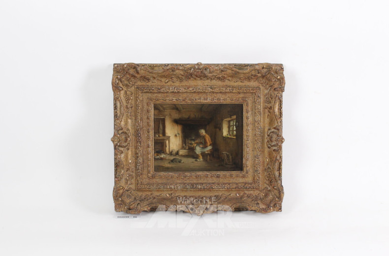 kl. Gemälde 'Mann vor Kamin'