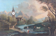 Bilderuhr, Biedermeier, Uhr eingebettet in bäuerlicher Landschaftsszene