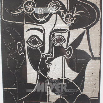 Lichtdruck "Großer Frauenkopf mit geschmücktem Hut", nach Picasso