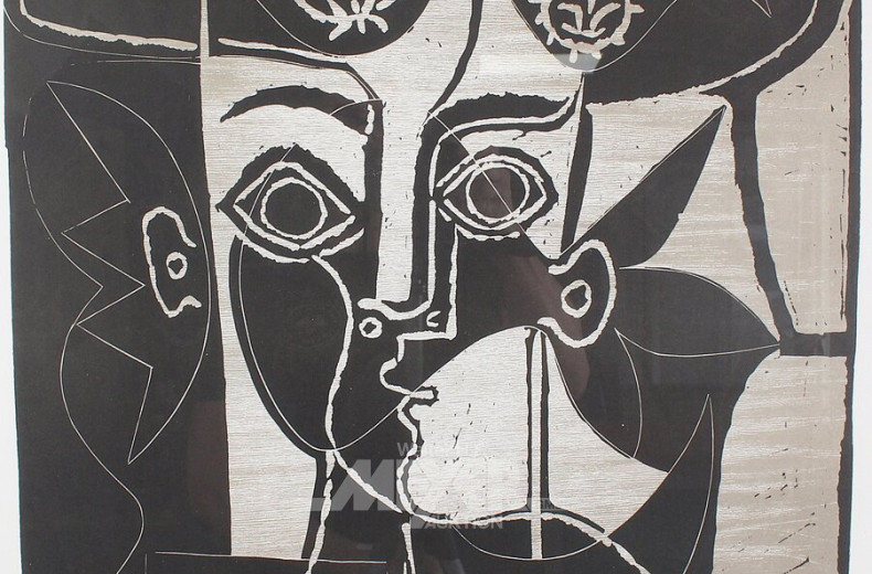 Lichtdruck "Großer Frauenkopf mit geschmücktem Hut", nach Picasso