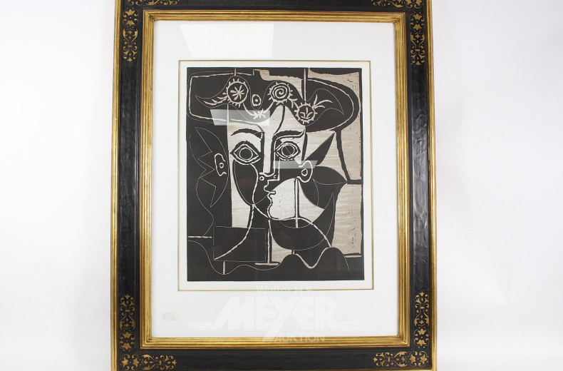 Lichtdruck "Großer Frauenkopf mit geschmücktem Hut", nach Picasso
