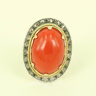 Damenring, besetzt mit Koralle sowie 22 nat. Diamantrosen